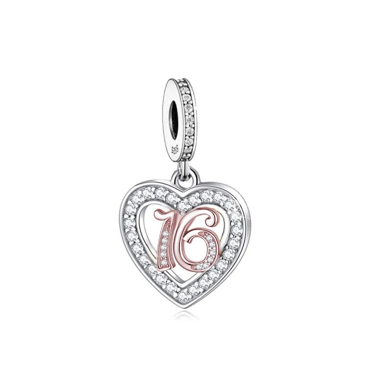 16th Birthday Rose Gold Heart Dangle Charm