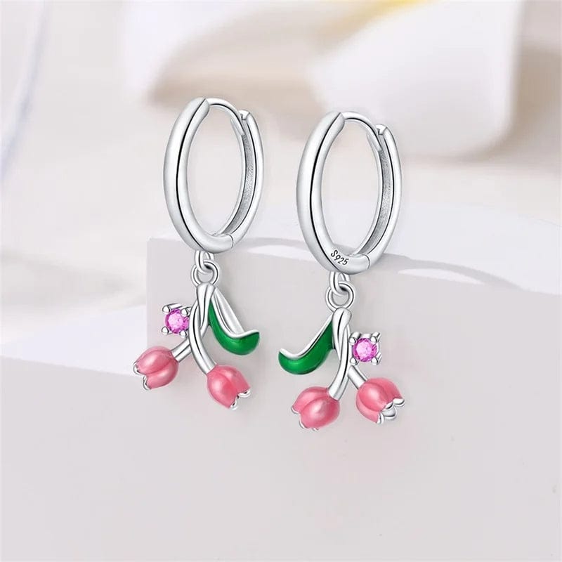 Pink Lily of the Valley Dangle Hoop Earrings