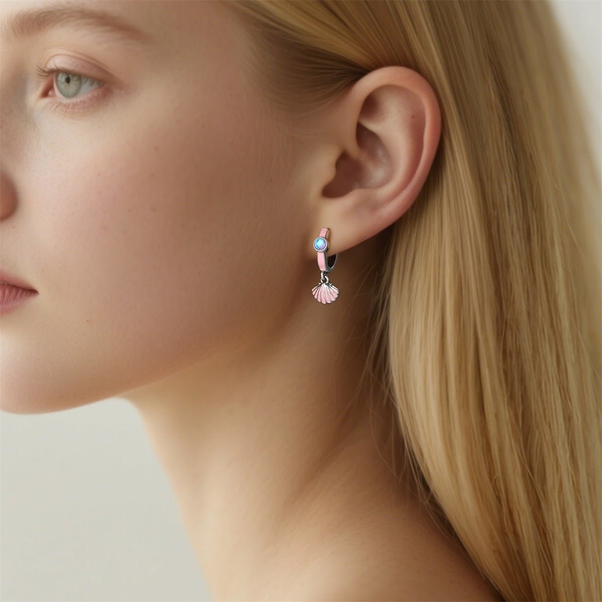 Pink Seashell Drop Hoop Earrings