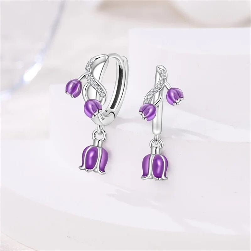 Purple Bellflower Dangle Hoop Earrings