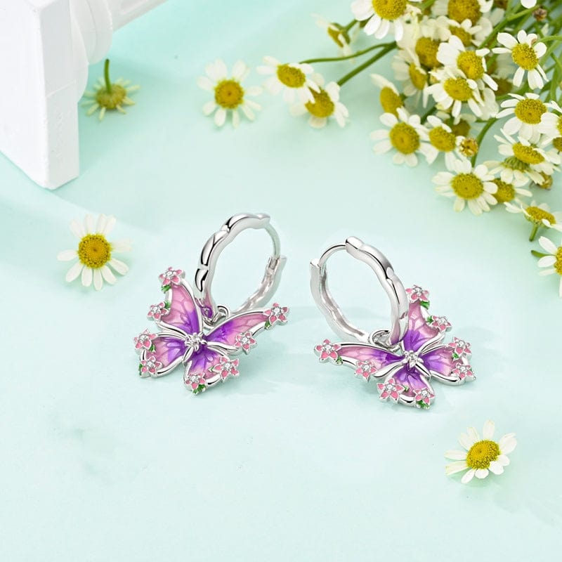 Purple Blossom Butterfly Hoop Earrings