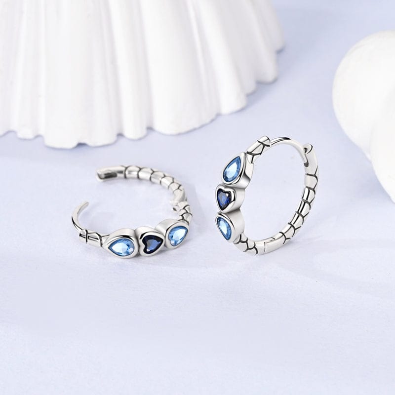 Triple Blue Heart Gem Hoop Earrings