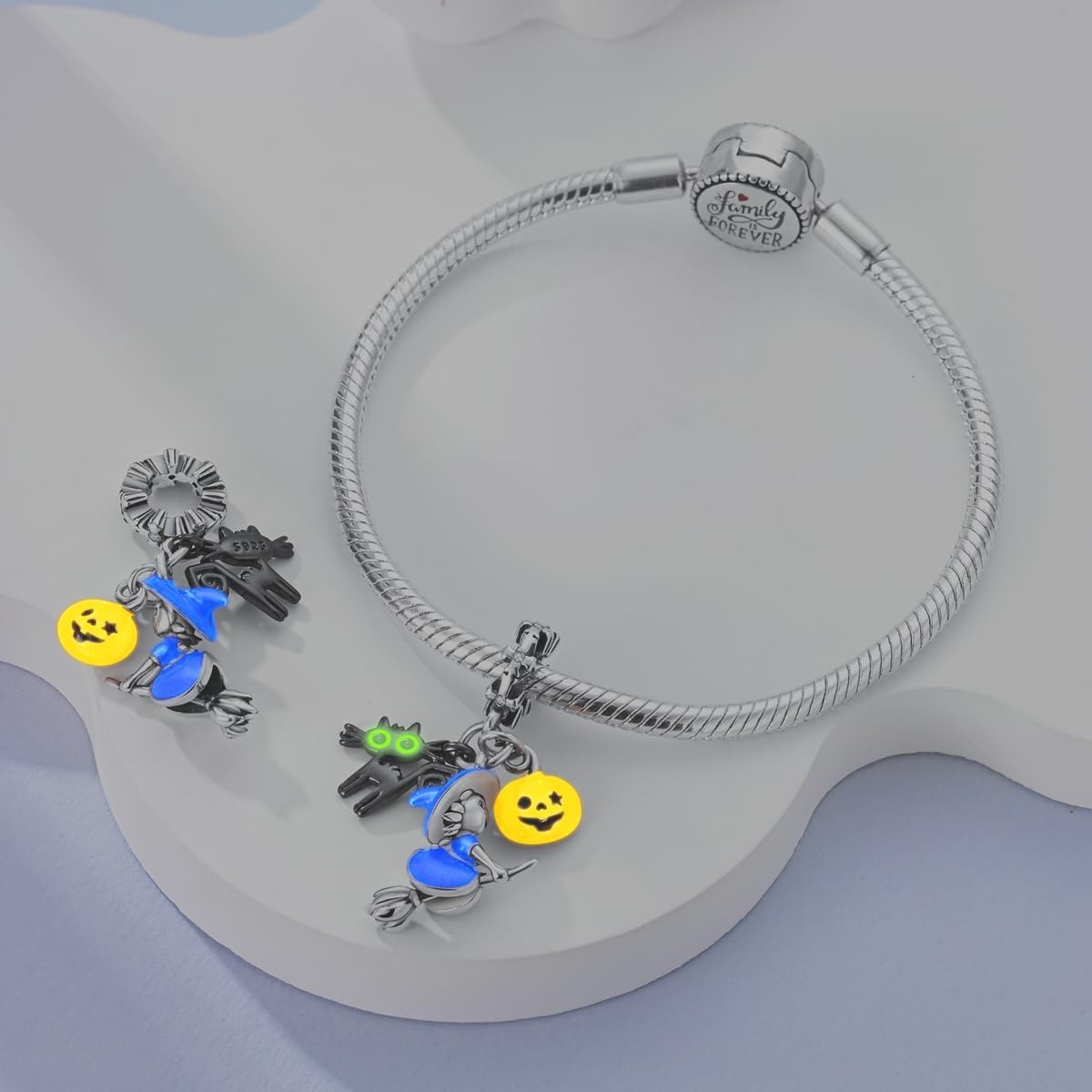 Witch on Broomstick, Luminous Cat & Pumpkin Triple Dangle Charm