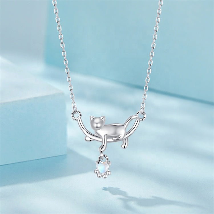 Playful Moonlit Cat Pendant Necklace