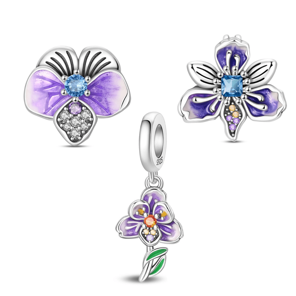 Purple Orchid & Blossom Flower Charm Trio