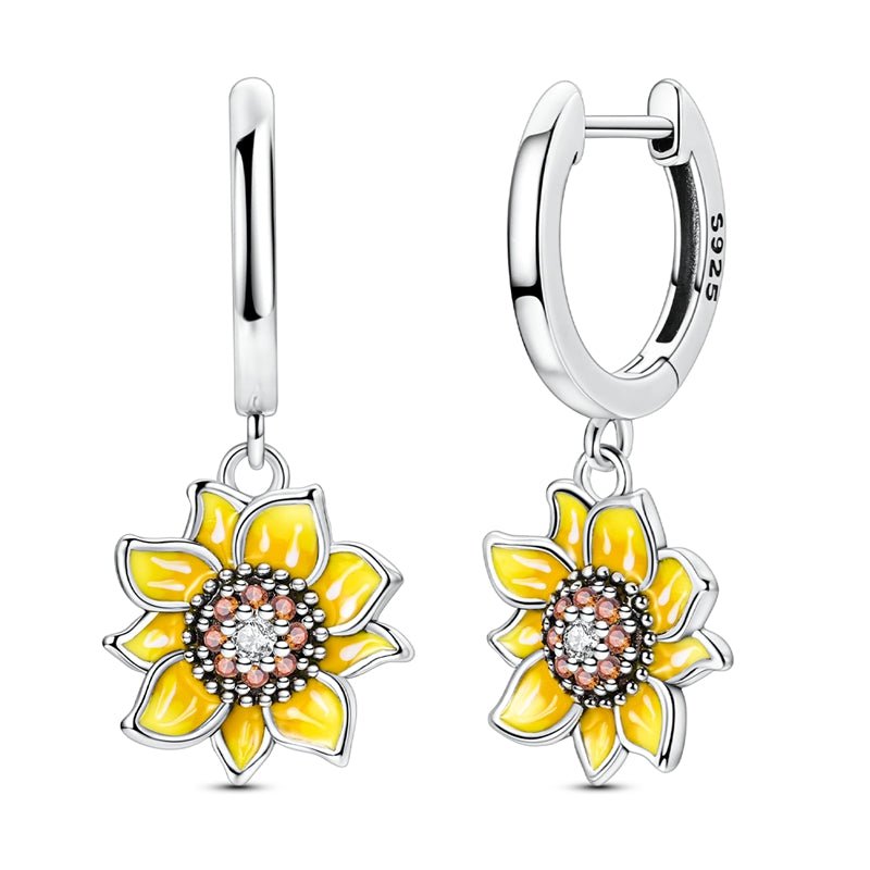 Sunflower Bloom Drop Hoop Earrings