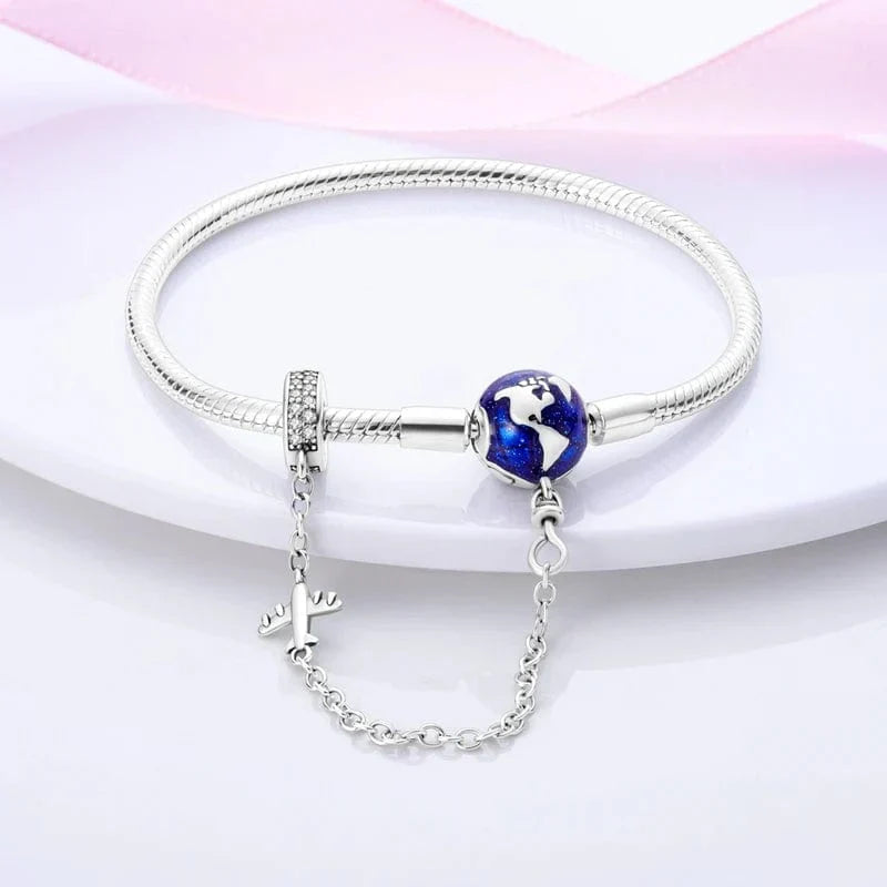 World Globe Charm Bracelet with Airplane and Safety Chain